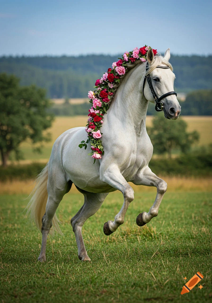 A majestic white horse with a mane adorned with red and pink roses trots through a green field.