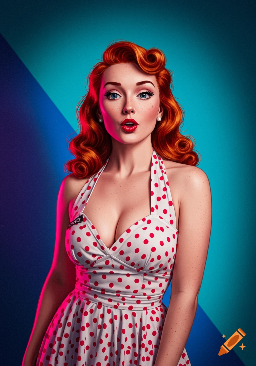 Illustration of a red-haired woman in a 90s pin-up style, wearing a white polka-dot dress, against a blue background.