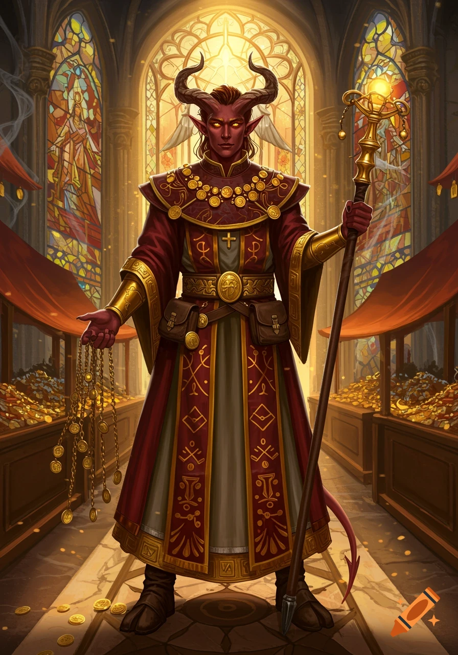 A red-skinned Tiefling cleric in ornate robes stands in a golden cathedral with stained glass, holding a staff and chains of coins.