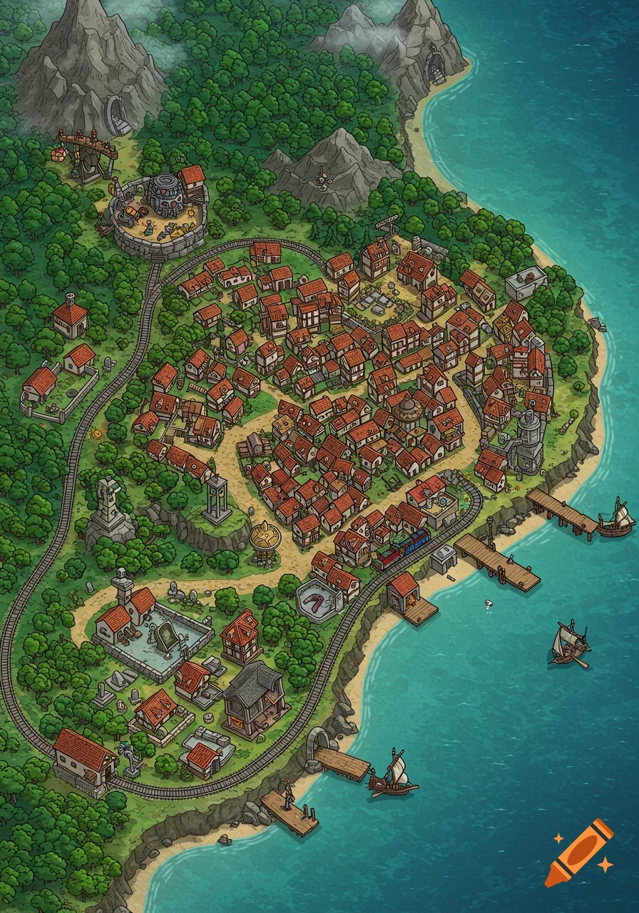 An isometric fantasy map of a bustling coastal city with red-roofed buildings, a winding train track, mountains, forests, and a harbor with ships.