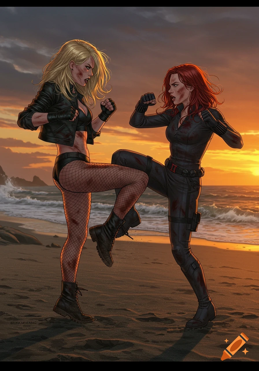 Black Canary and Black Widow fight on a beach at sunset, both with injuries, in a comic book art style.