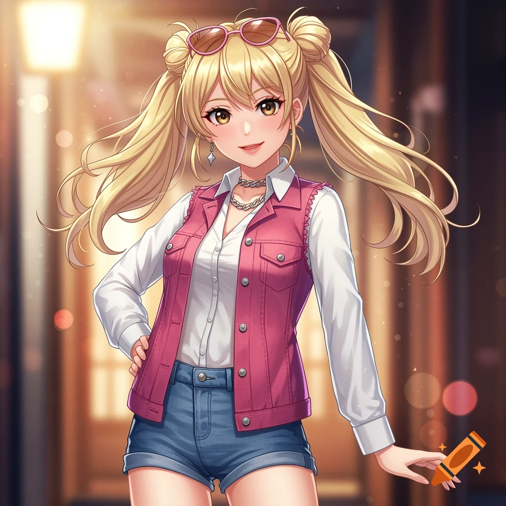 Anime girl with blonde hair in buns, wearing a pink vest and denim shorts, outdoors with blurred lights.