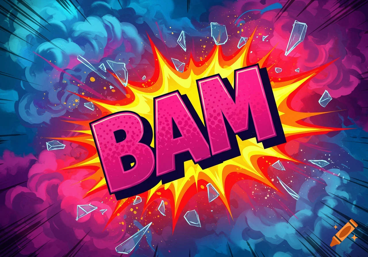 A vibrant comic book style explosion with shattered glass and the word BAM in large pink letters.