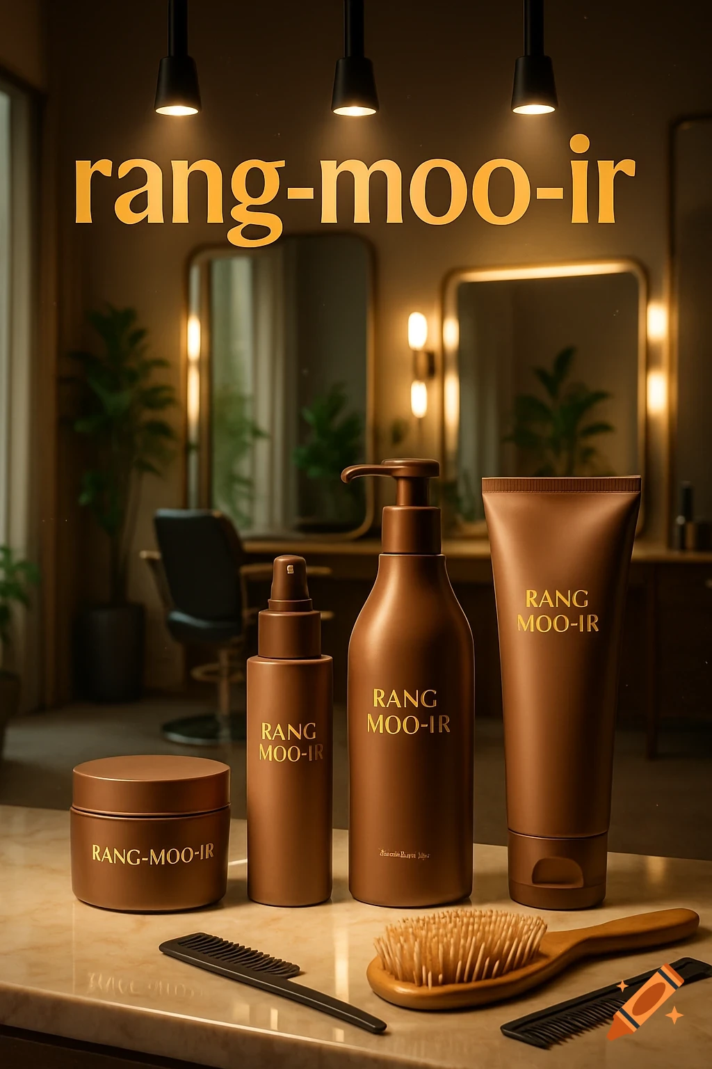 Brown Rang Moo-ir hair care products, brushes, and combs on a salon counter under spotlights.