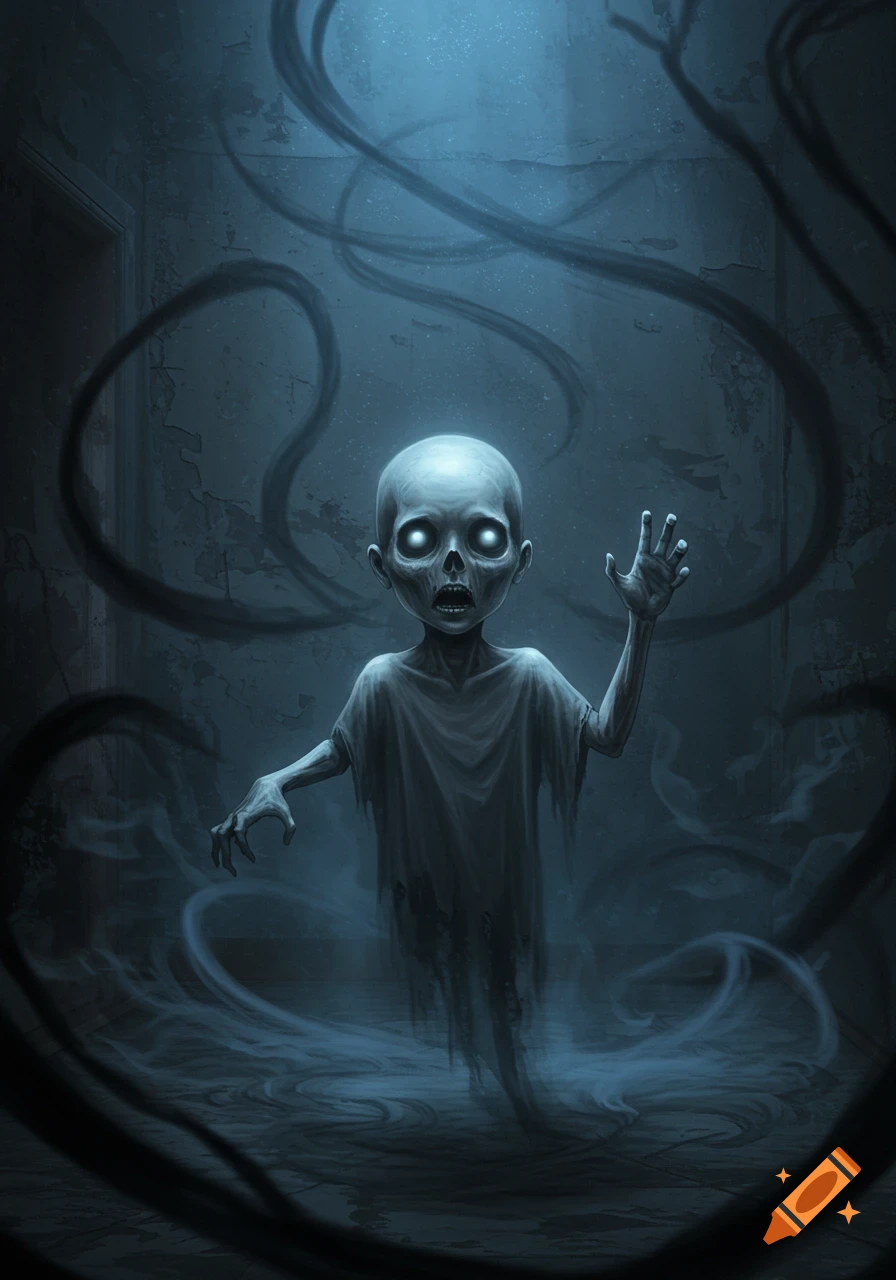 A spectral, child-like ghost with glowing eyes reaches out from a shadowy, decaying room.