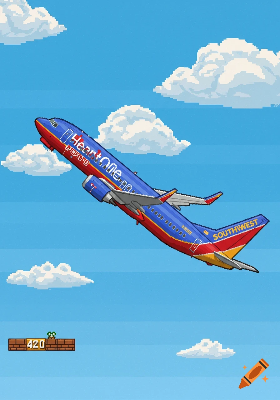A pixel art Southwest Airlines 737 airplane flies in a blue sky with clouds, resembling Super Mario World graphics, with a 420 block in the corner.