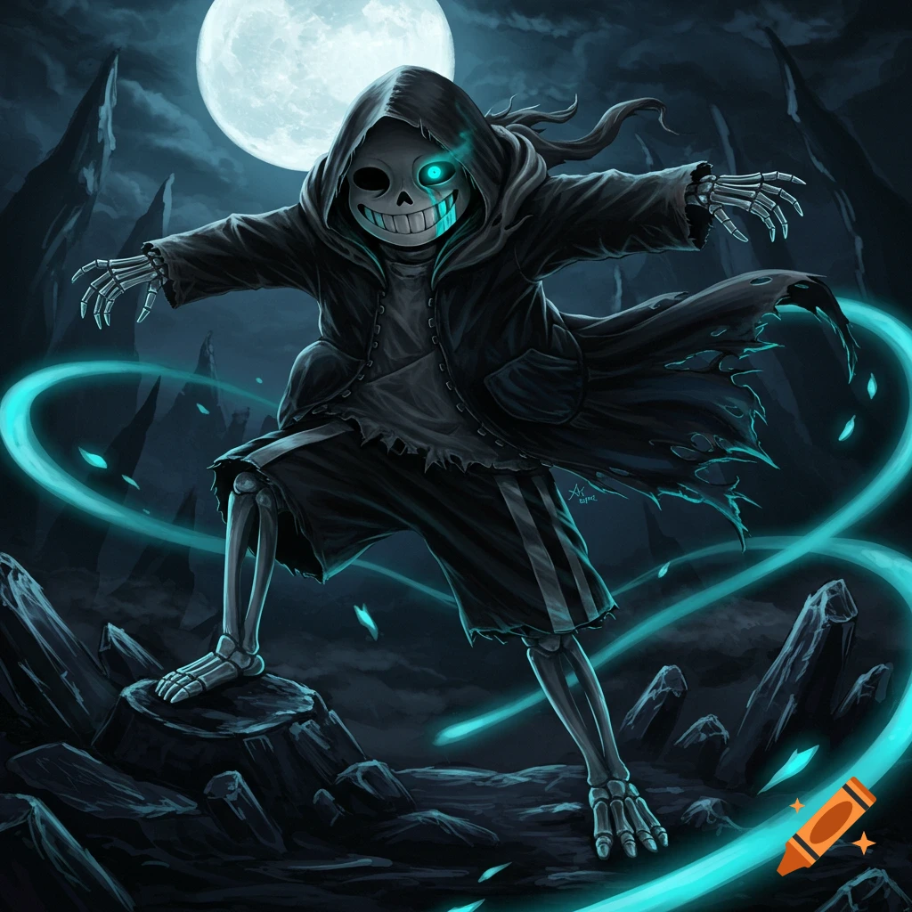 A skeleton character with a blue glowing eye and glowing blue energy, wearing a dark hooded cloak and shorts, stands on jagged rocks under a full moon.