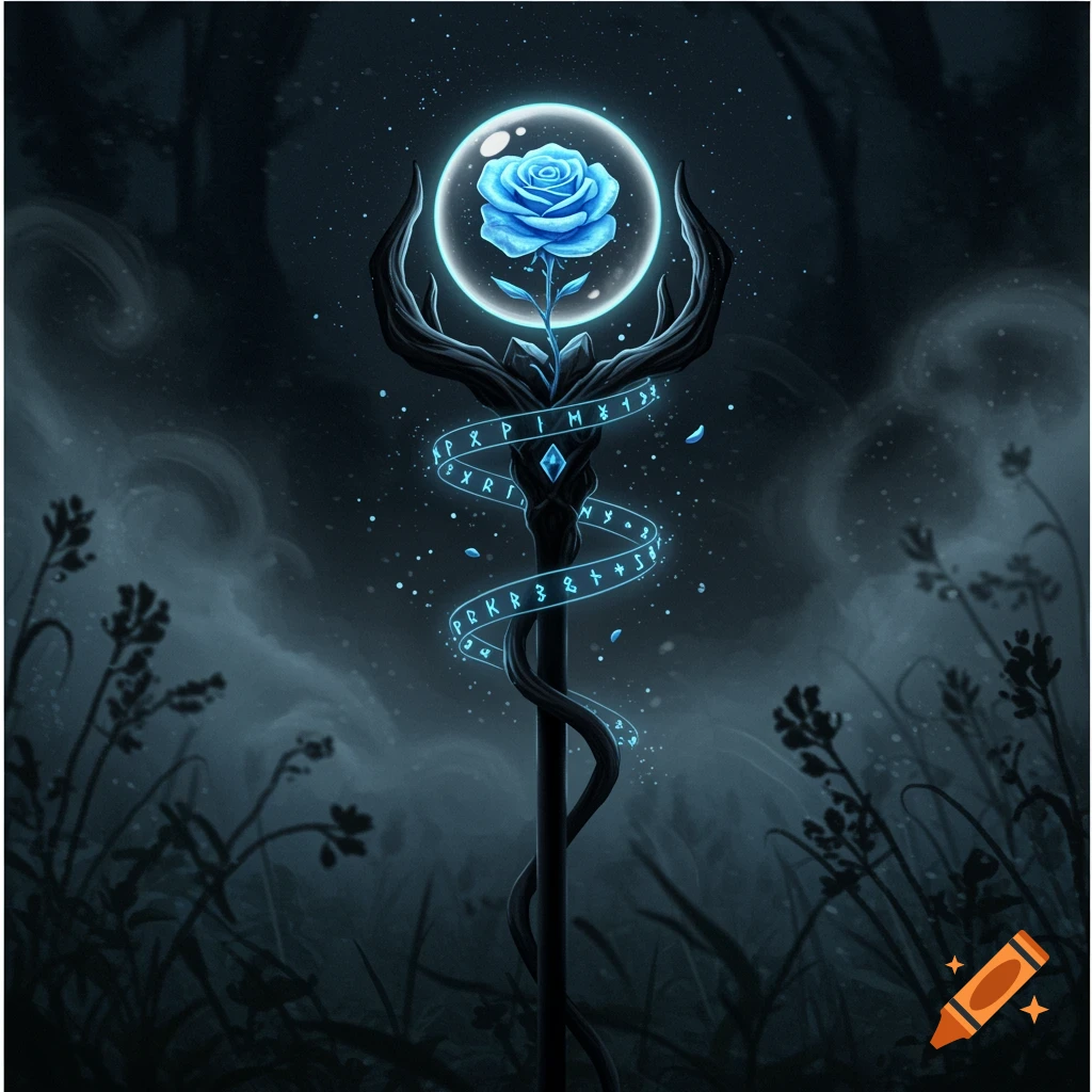 A dark fantasy image of a glowing blue rose in a crystal orb atop a gnarled black staff, with mystical blue runes spiraling down it.