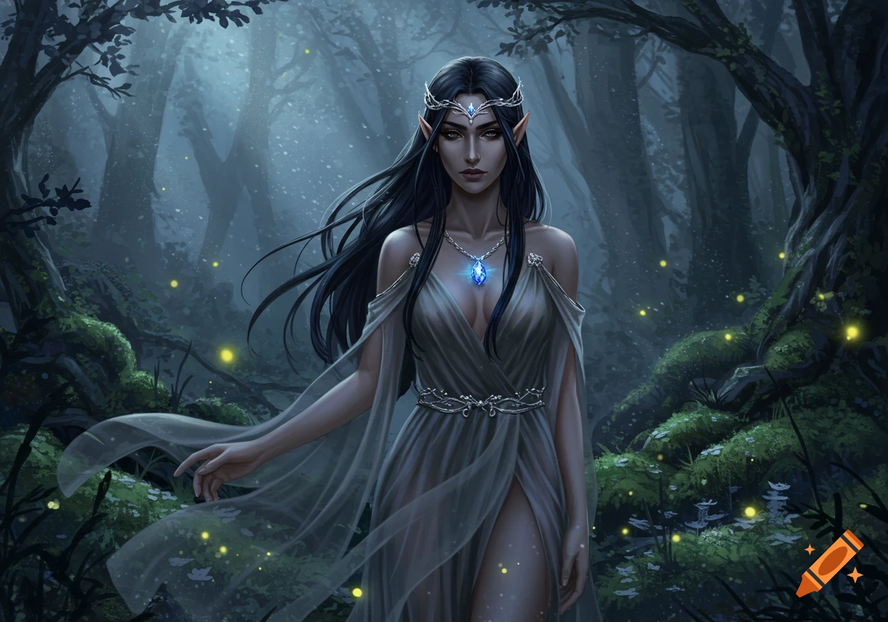 A dark-haired elvish woman in a sheer, flowing dress and tiara stands in a mystical, dark forest with glowing elements.