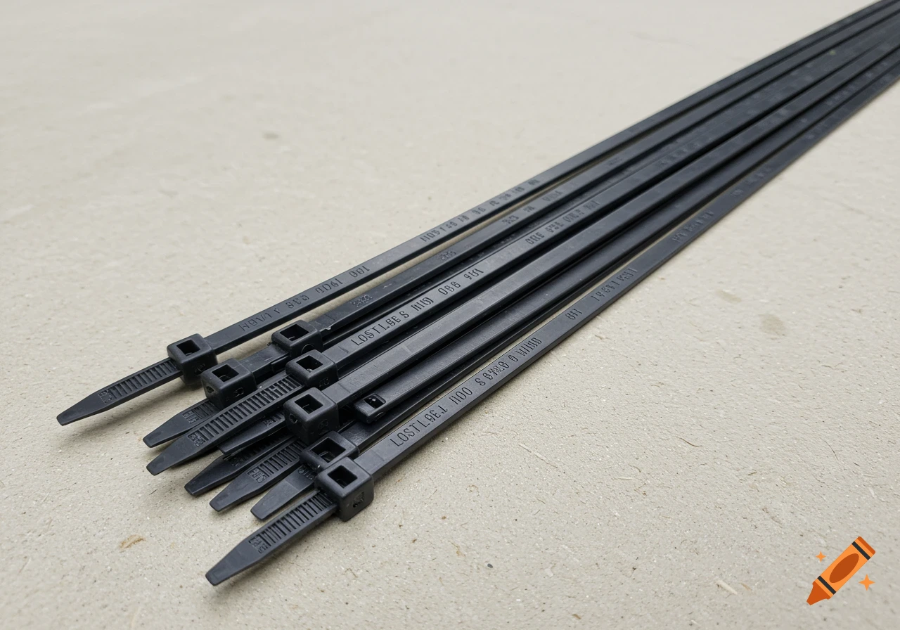 A pile of black heavy-duty zip ties lies on a light-colored textured surface.