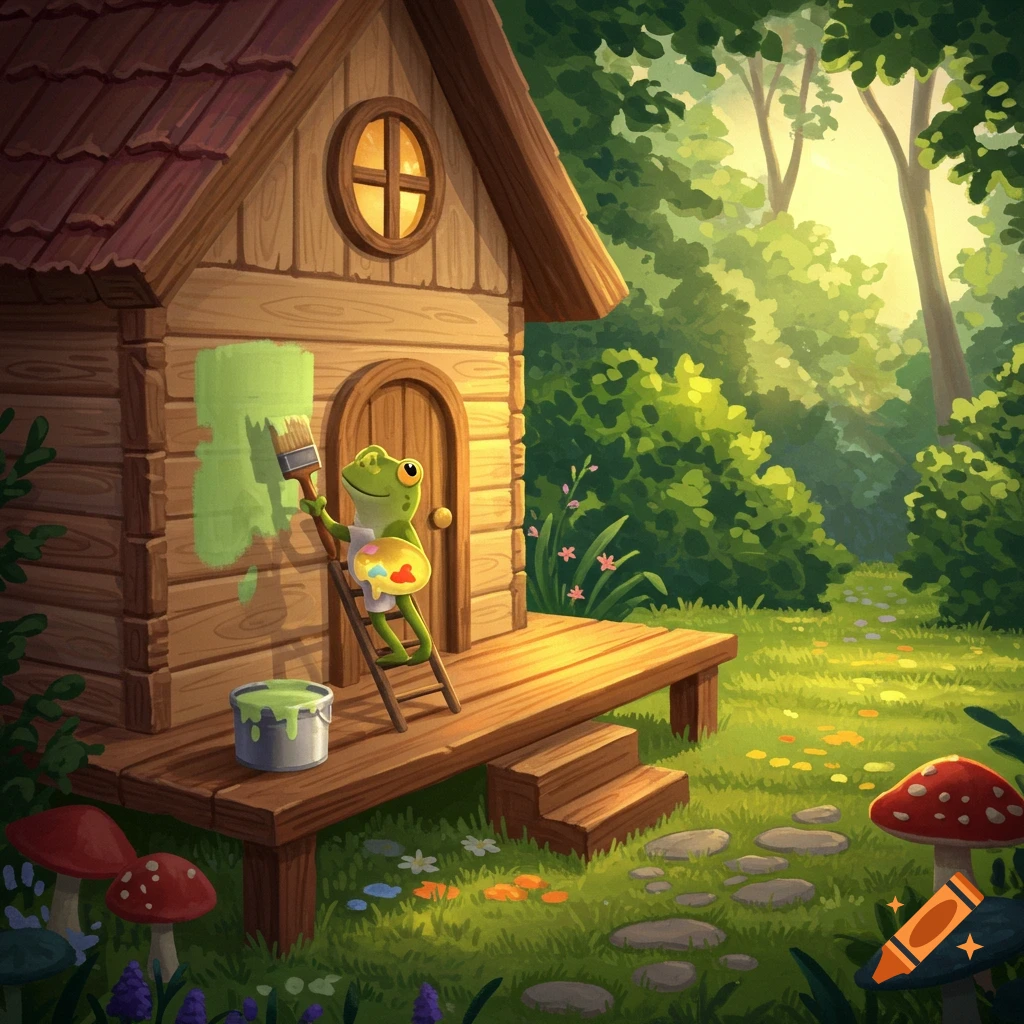 A cheerful cartoon frog paints the side of a small wooden house with green paint in a sunny, whimsical forest clearing.