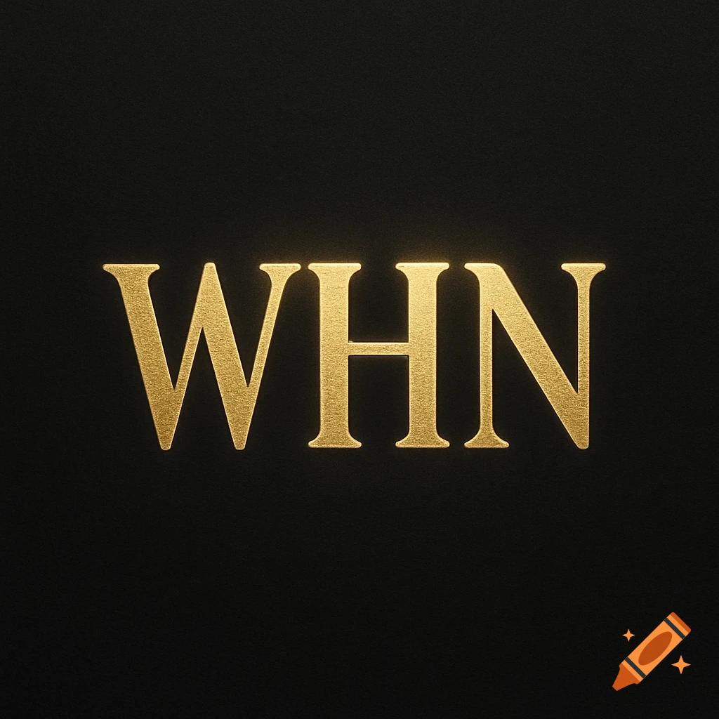 Bold metallic gold letters 'WHN' in a vintage serif font against a dark charcoal background with a subtle glow.