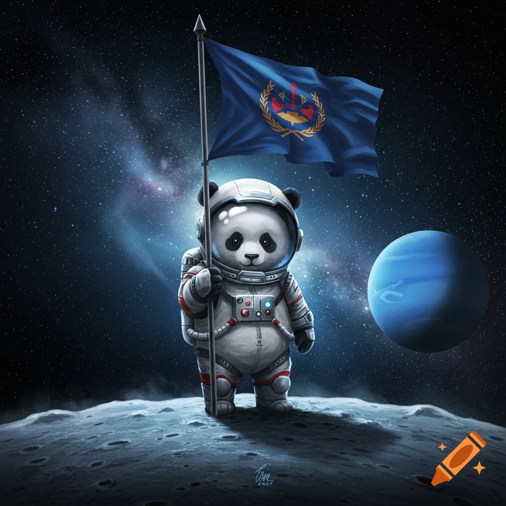 A cute panda astronaut plants a flag with an emblem on a cratered celestial body with a blue planet and stars in the background.