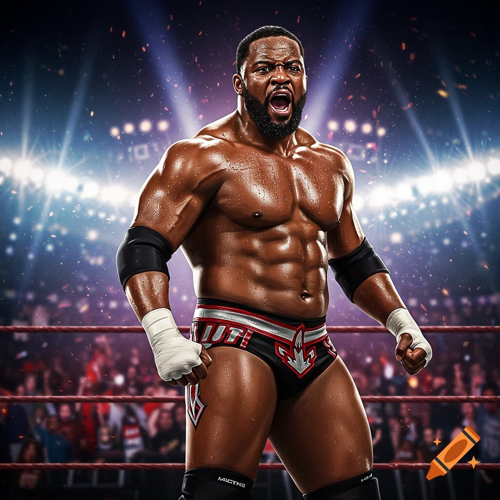 A muscular male wrestler with a beard stands in a ring, yelling into a crowd with bright arena lights behind him.