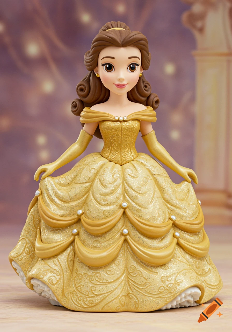 A photorealistic collectible figurine of Disney character Belle from Beauty and the Beast, wearing a detailed golden ball gown.