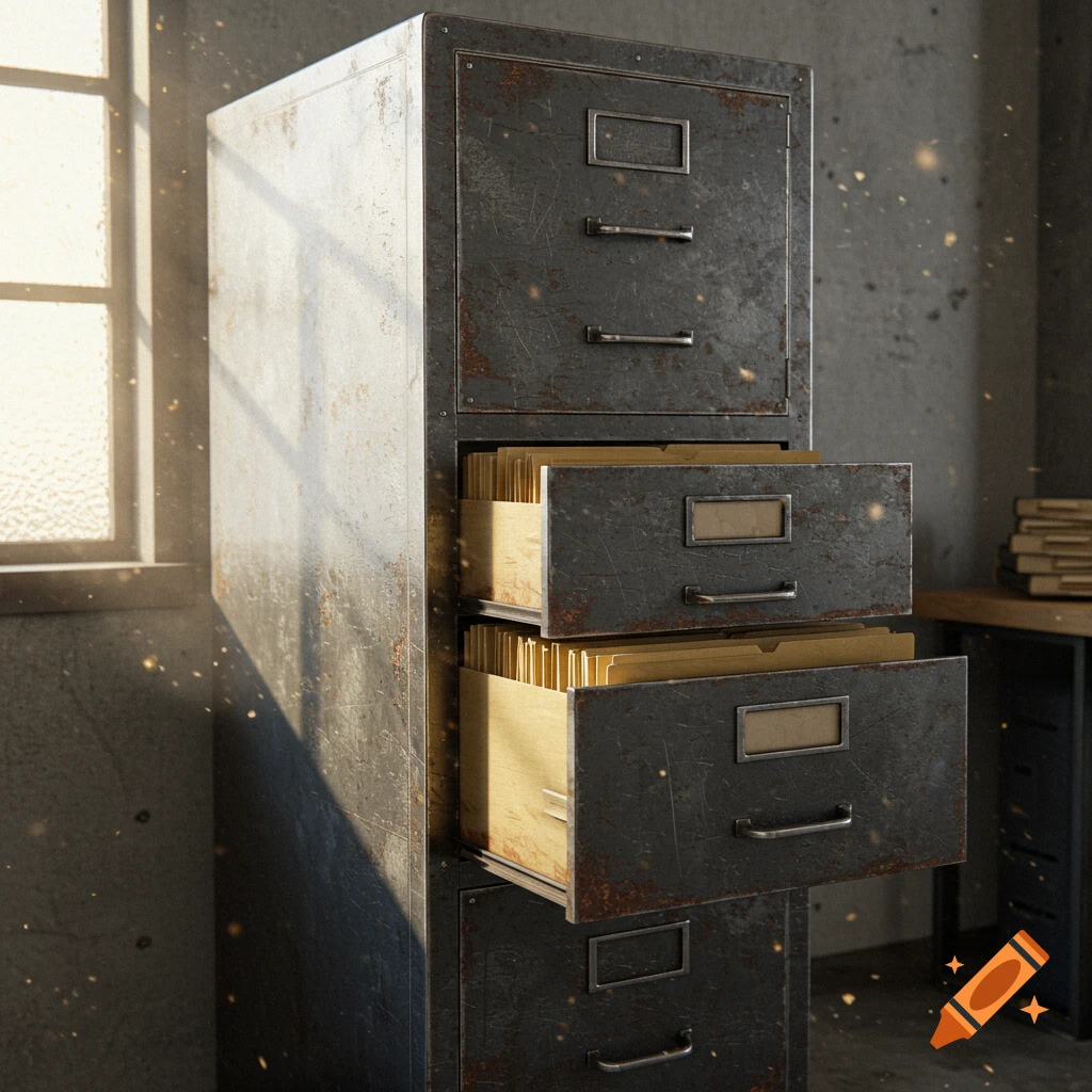 A photorealistic rusty metal file cabinet with open drawers full of folders, bathed in sunlight from a window.