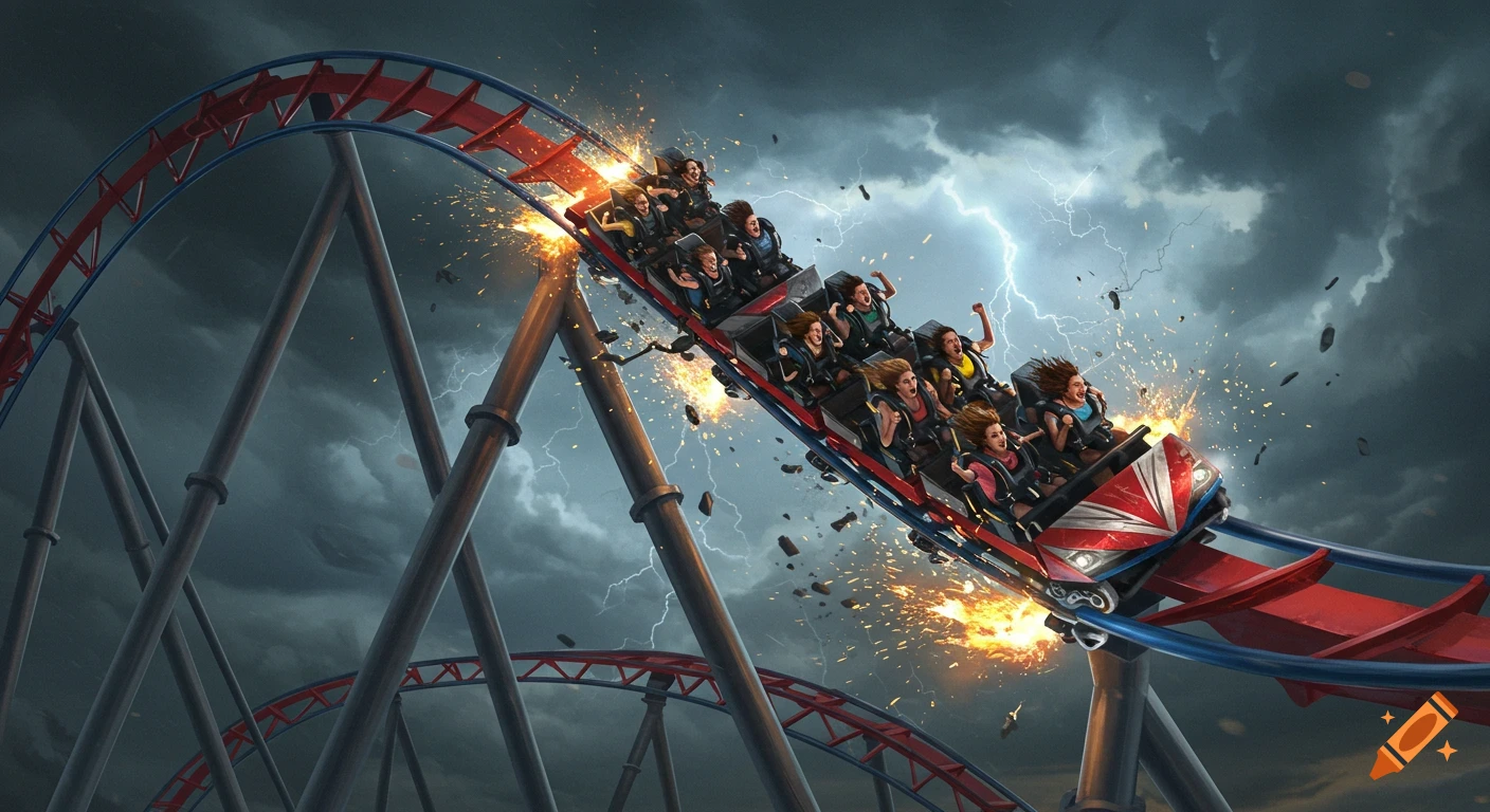 People on a red and blue roller coaster breaking down, with sparks and debris, under a stormy sky with lightning.