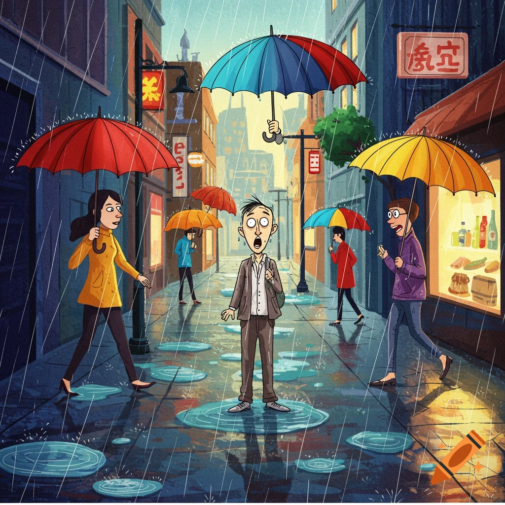A humorous cartoon scene on a rainy city street with people holding colorful umbrellas, while one man stands in the middle looking surprised and soaked.