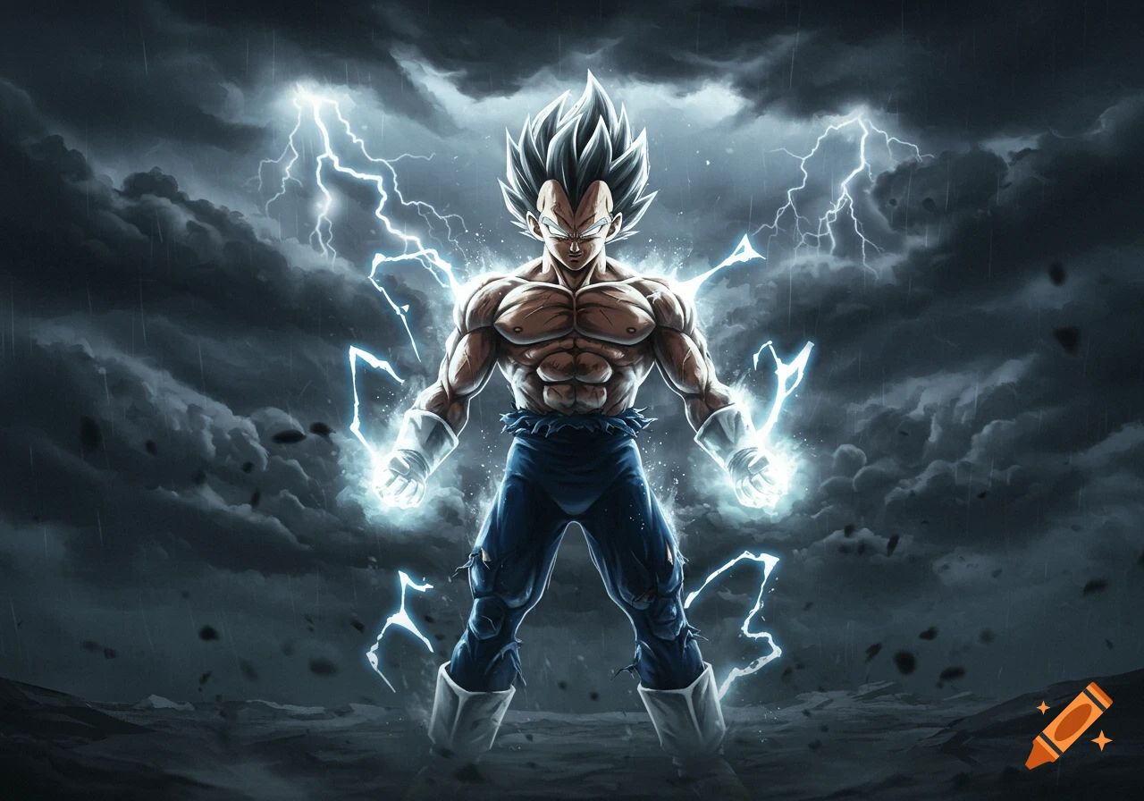 Vegeta in his Ultra Ego form powering up in a stormy night with lightning surrounding him.