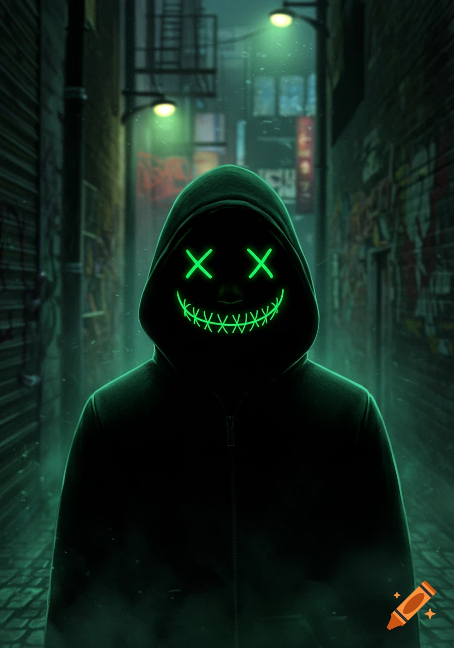 A figure in a dark hoodie with glowing green 'X' eyes and a stitched smile stands in a dark, misty alleyway.