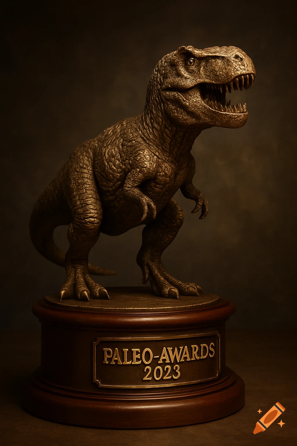 A detailed bronze Tyrannosaurus Rex trophy stands on a wooden base with a plaque reading 'PALEO-AWARDS 2023'.