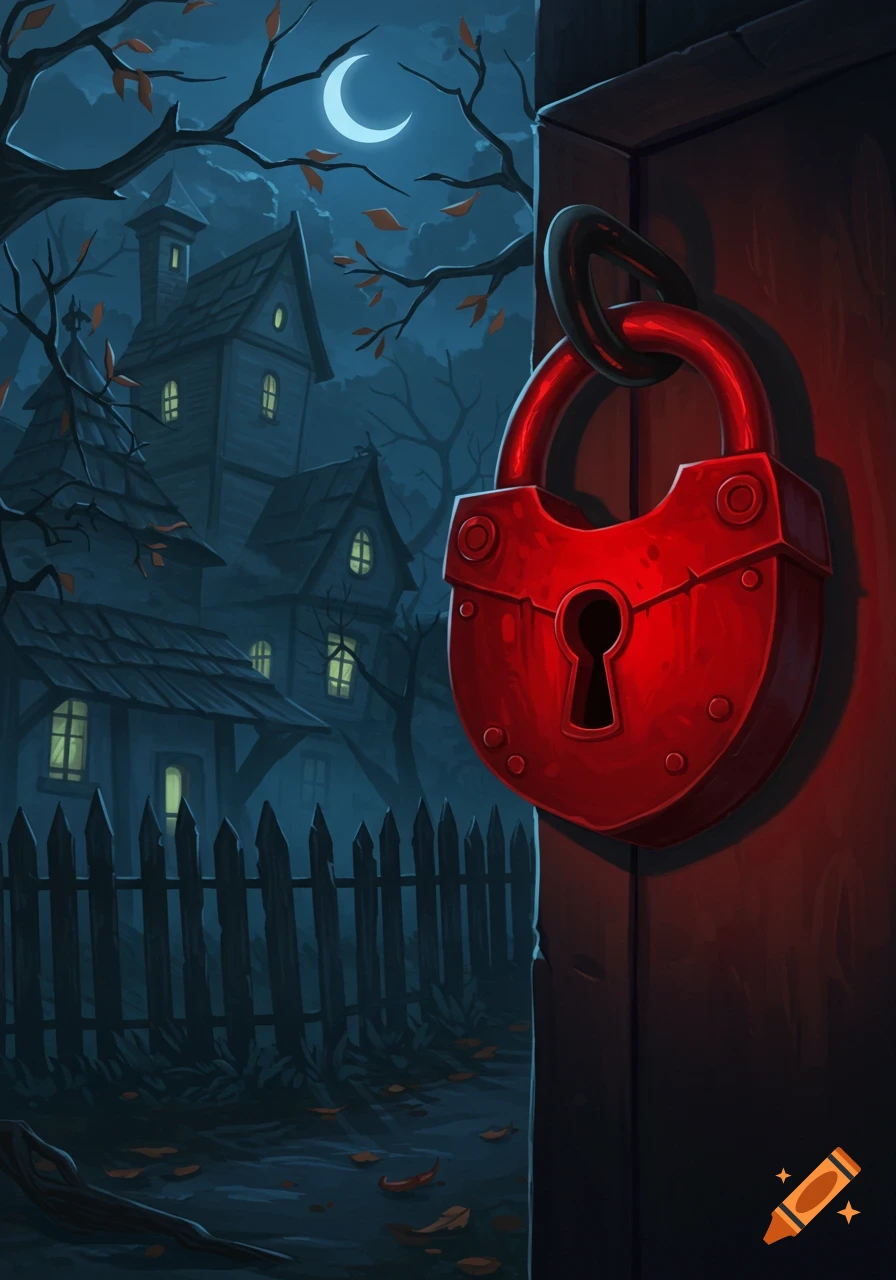 A large red padlock on a dark door, with a spooky stylized house, bare trees, and a crescent moon in the background.
