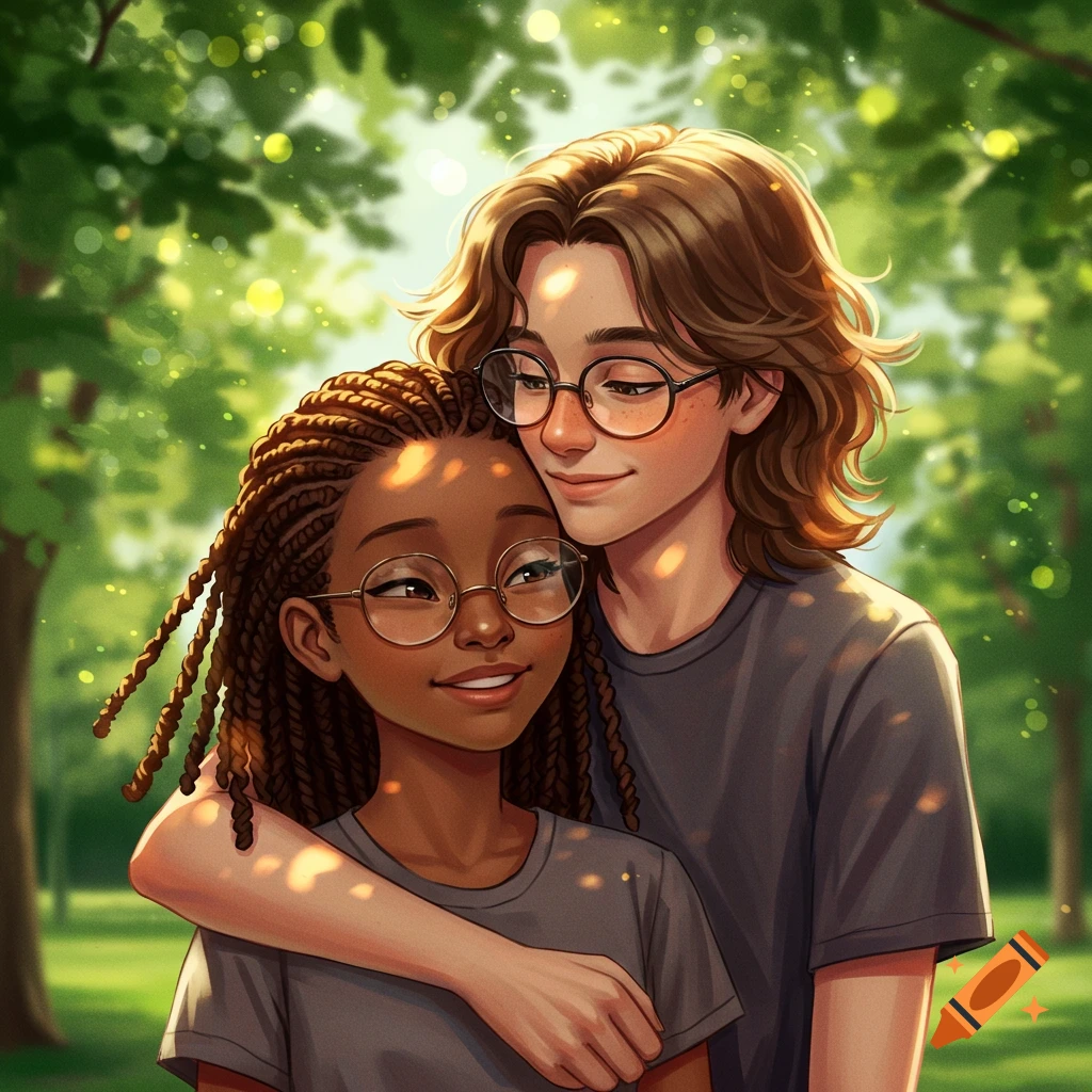 An illustrated image of a smiling black girl with braids and glasses being hugged by a white boy with long brown hair and glasses in a sunny park.