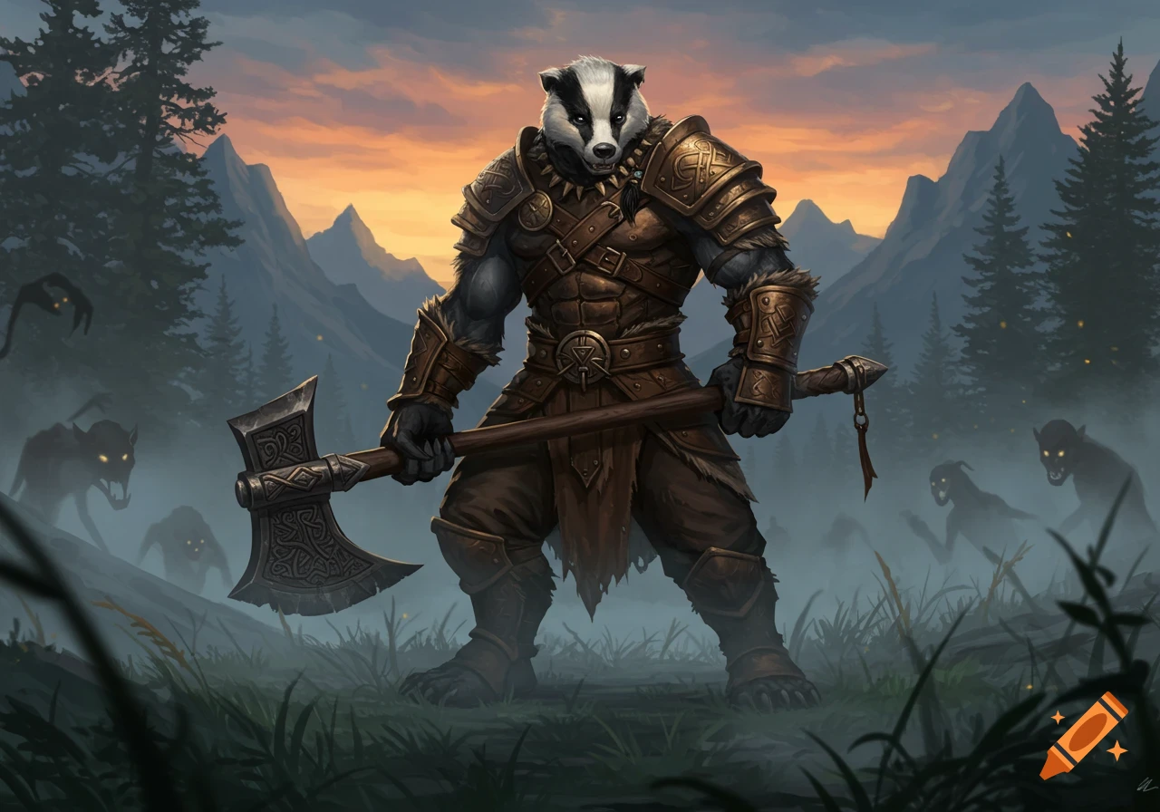 A badgerfolk barbarian in elaborate armor wielding a greataxe stands in a misty forest with shadowy creatures at sunset.