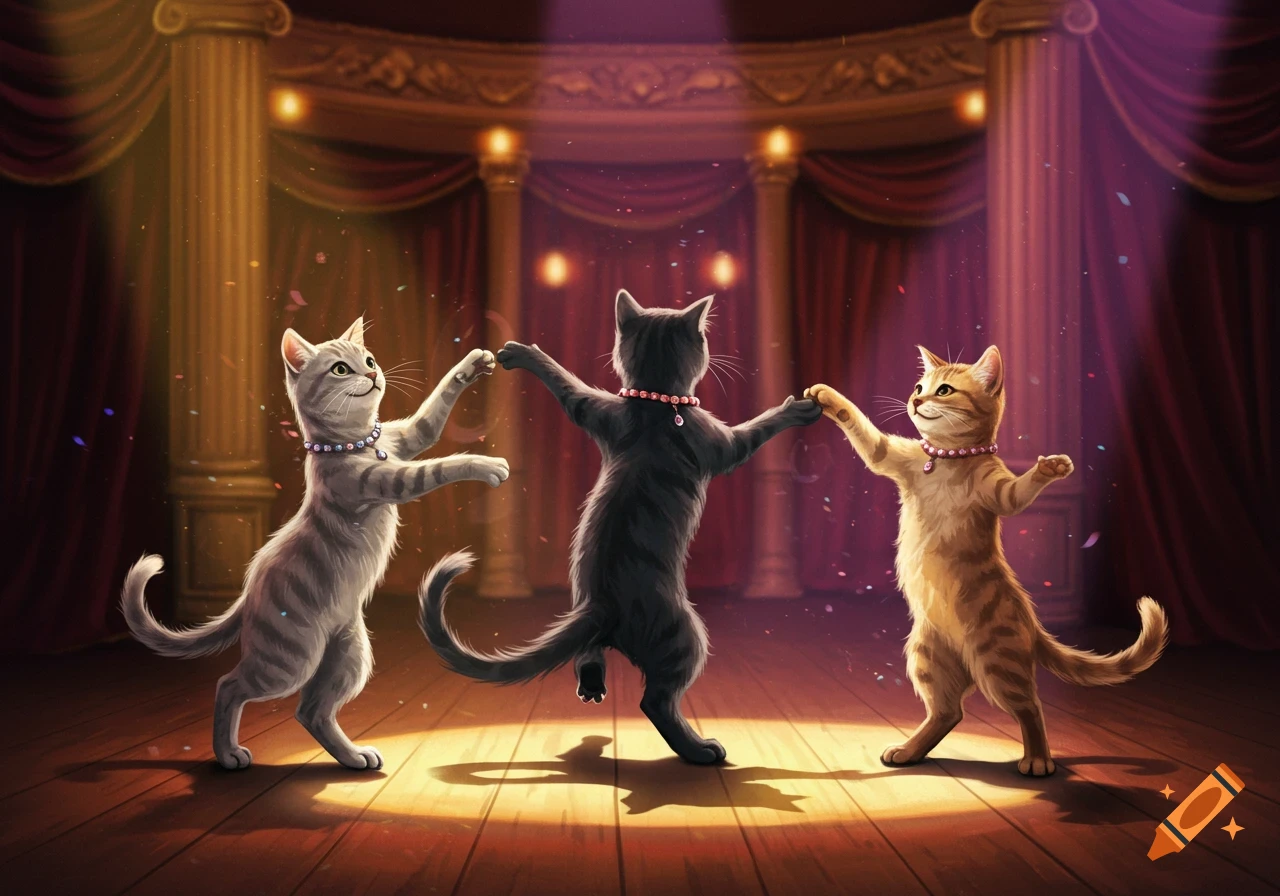 Three cartoon cats with pearl necklaces dance on a wooden stage under spotlights.