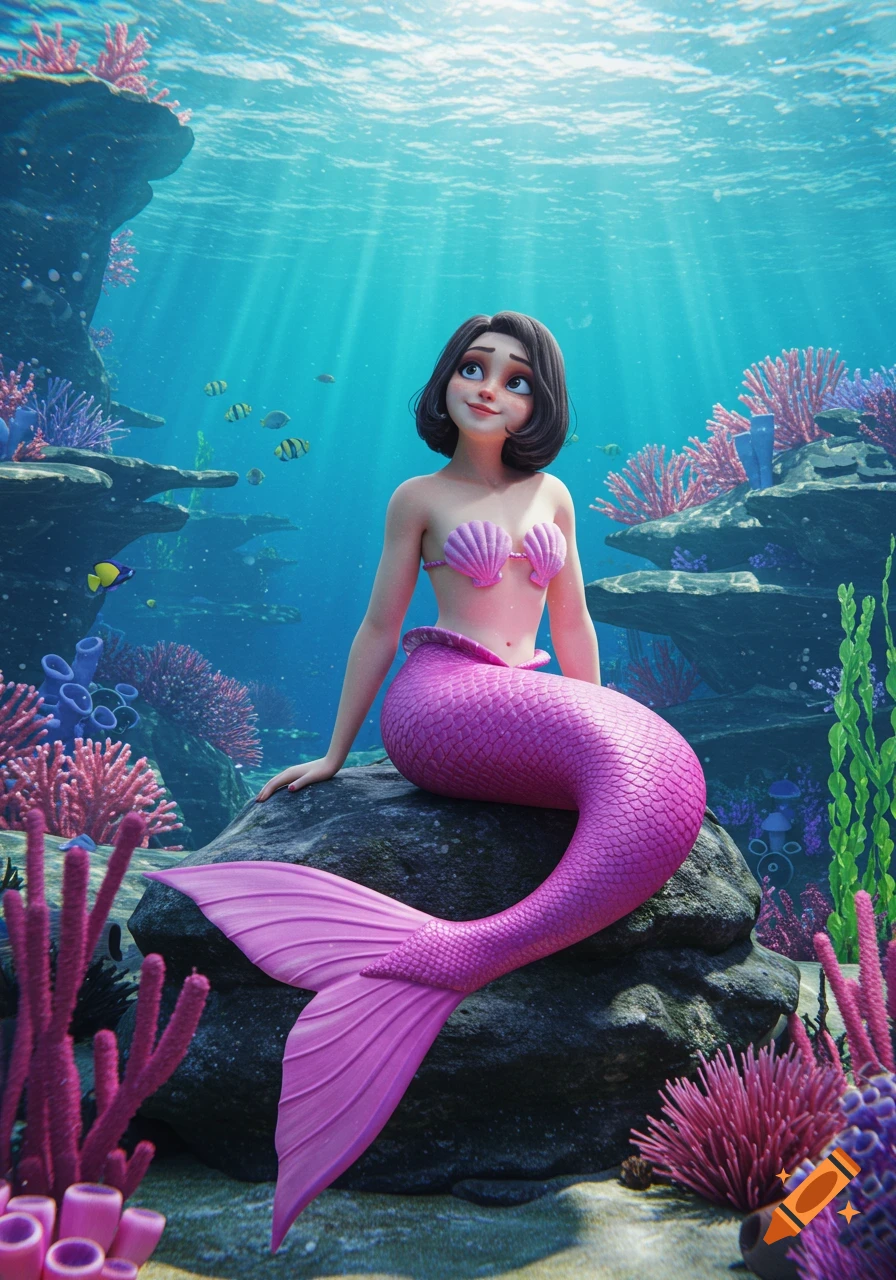 A 3D animated mermaid with short dark hair and a pink tail sits on an undersea rock surrounded by colorful coral and fish, looking up at light rays.
