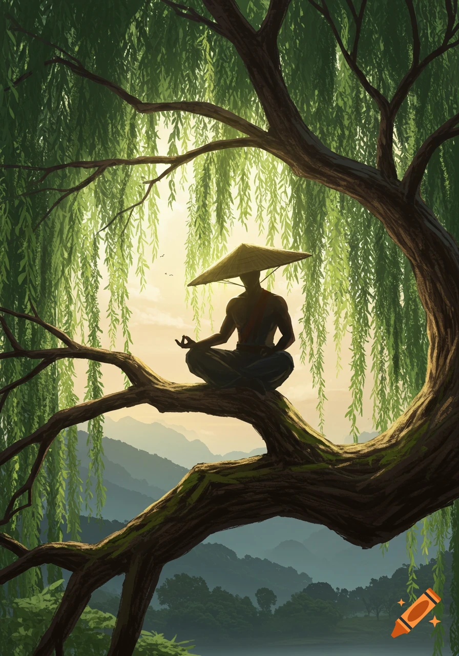 An illustrated figure in a conical straw hat meditates in a willow tree at sunrise, overlooking a misty mountainous landscape.