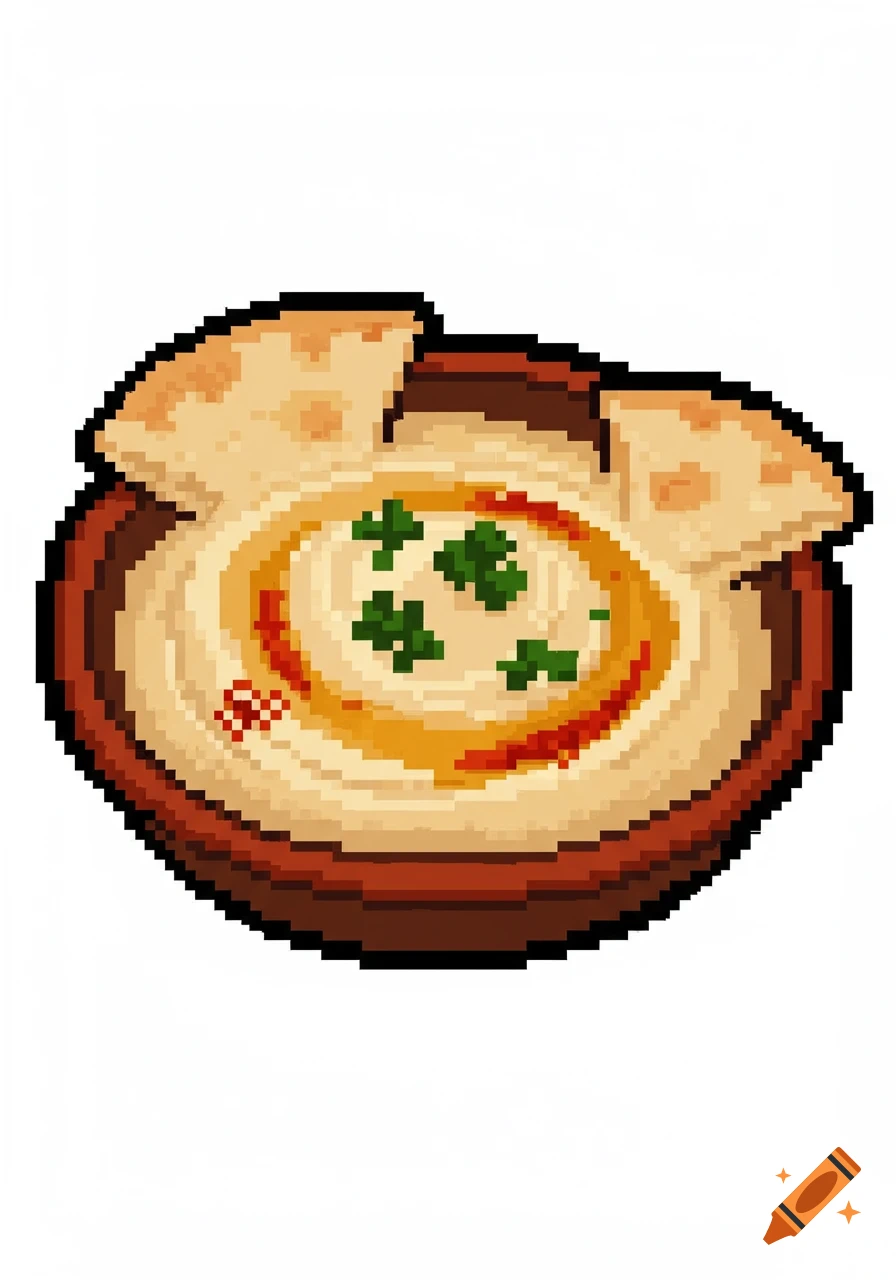 A pixel art illustration of a bowl of hummus with olive oil, paprika, and parsley, served with pita bread.
