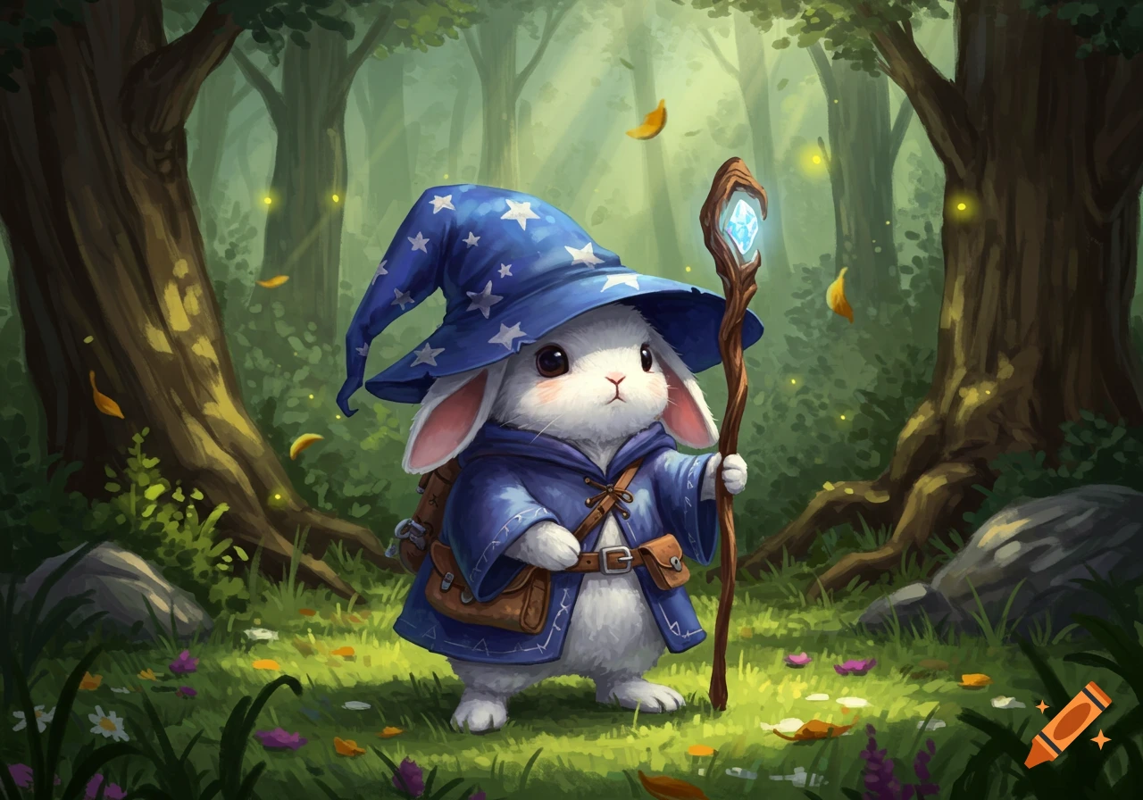 A cute white bunny wizard in a blue pointed hat and robe holds a glowing staff in a magical forest.
