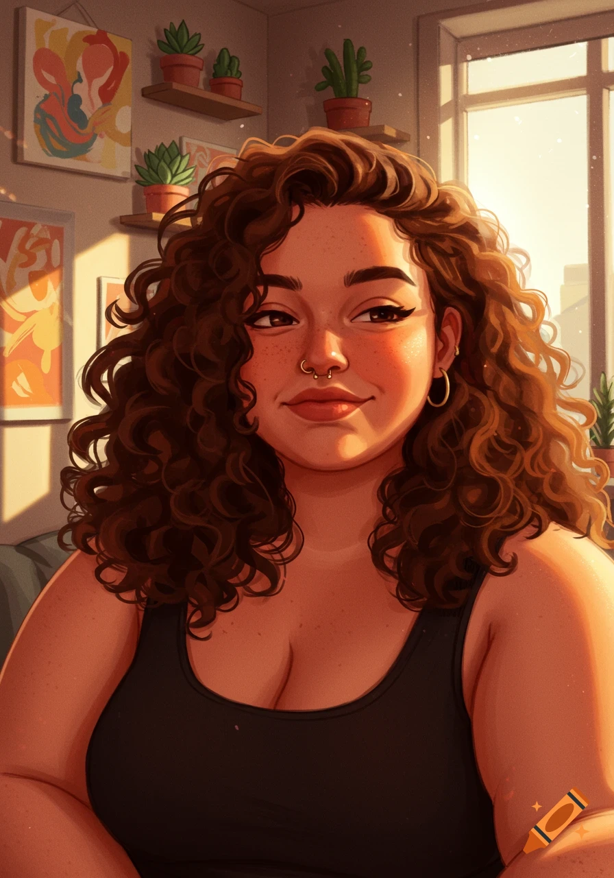 Digital art portrait of a smiling woman with curly brown hair and a nose piercing, wearing a black tank top, in a sunlit room.