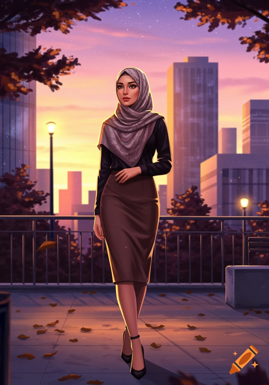 A woman in a hijab and pencil skirt walks on a city street at sunset, digital art style.