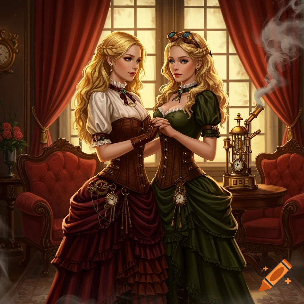 Two blonde women in ornate steampunk dresses hold hands in a lavish room with red curtains and a large window.