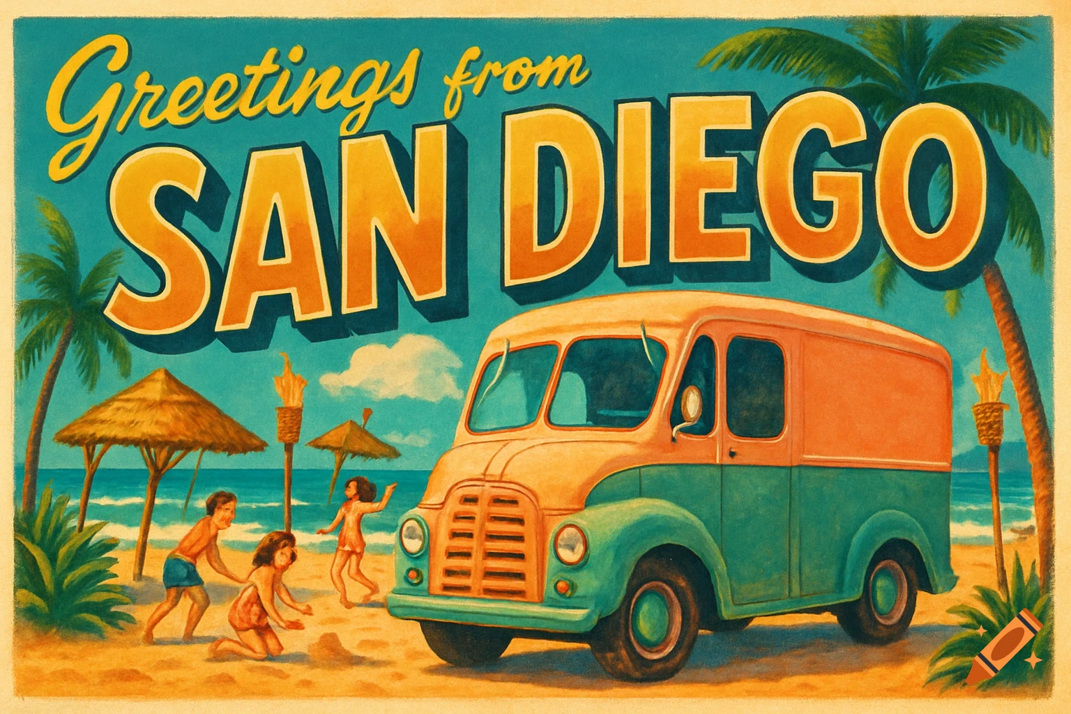 A retro 1950s postcard with a vintage two-tone van on a beach, palm trees, tiki torches, and people. Text says 'Greetings from SAN DIEGO'.