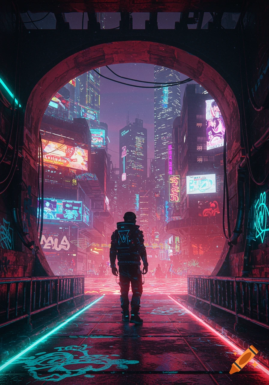 Lone figure in a neon-lit cyberpunk city at dusk, with glowing signs and tall buildings.