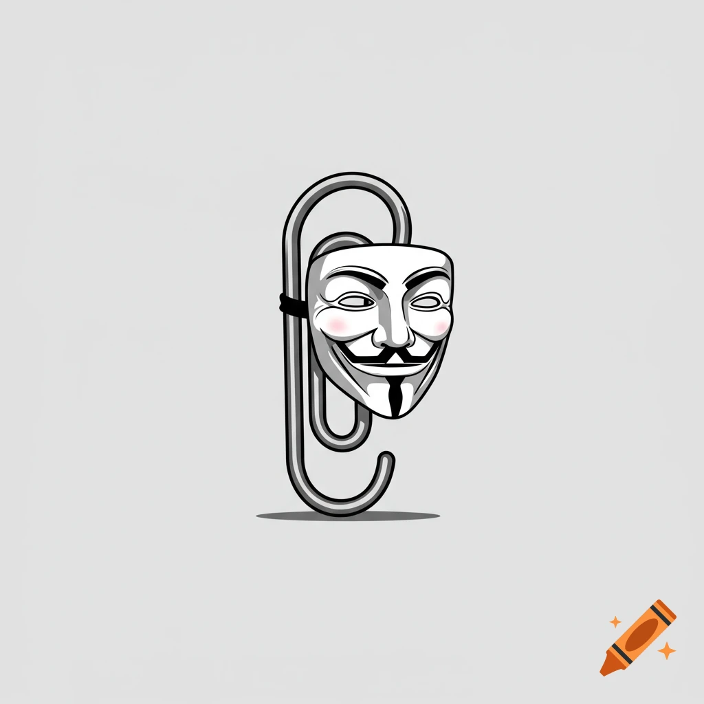A cartoon illustration of a gray paperclip wearing a white Guy Fawkes mask.