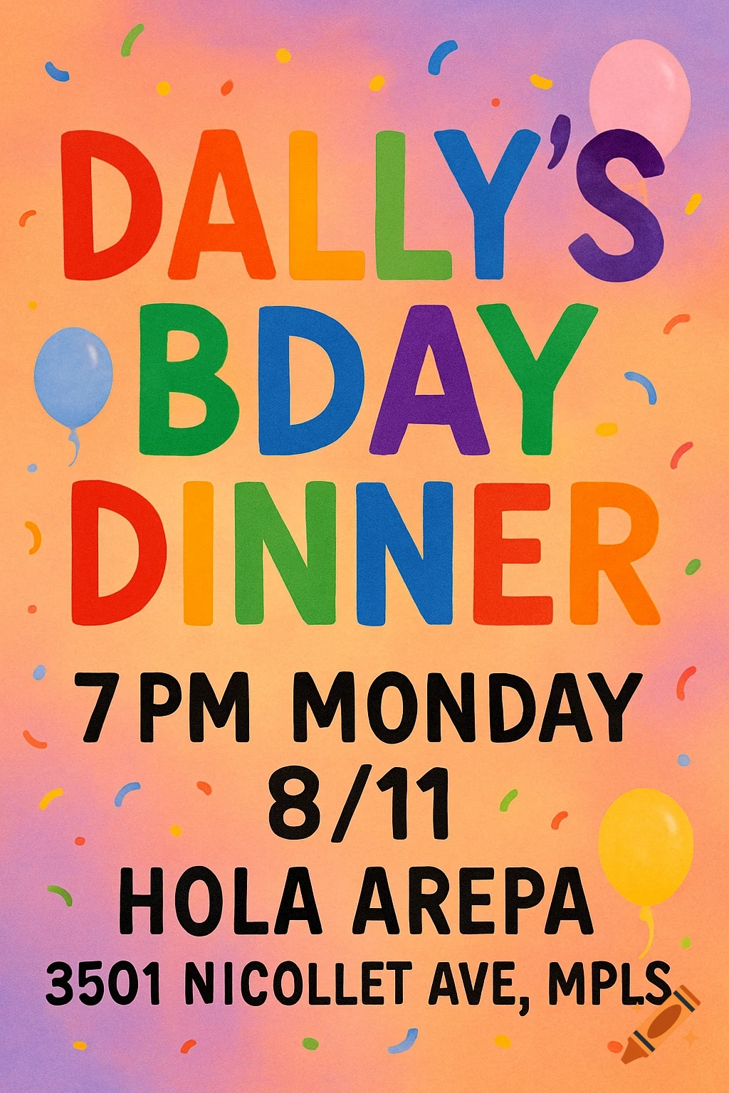 A colorful birthday dinner invitation flyer with rainbow text and event details.