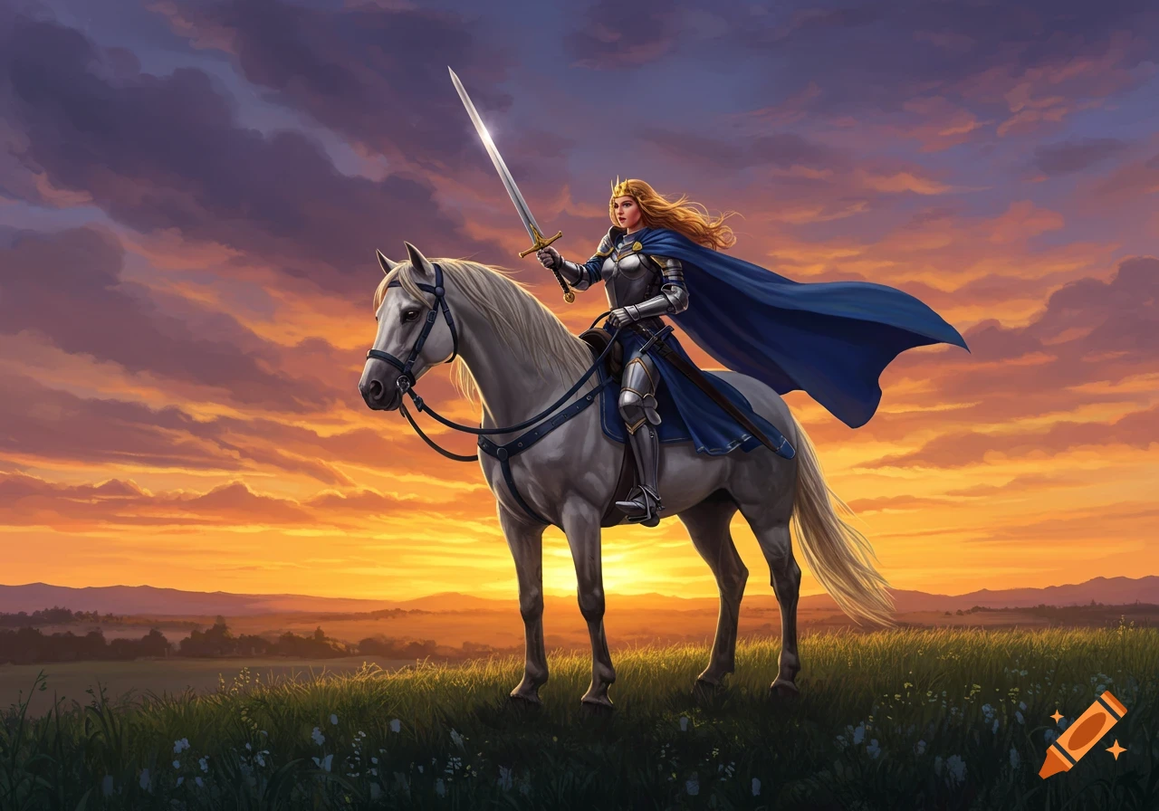 A warrior princess in armor and a blue cape rides a white horse, holding a sword high against a vibrant sunset sky.