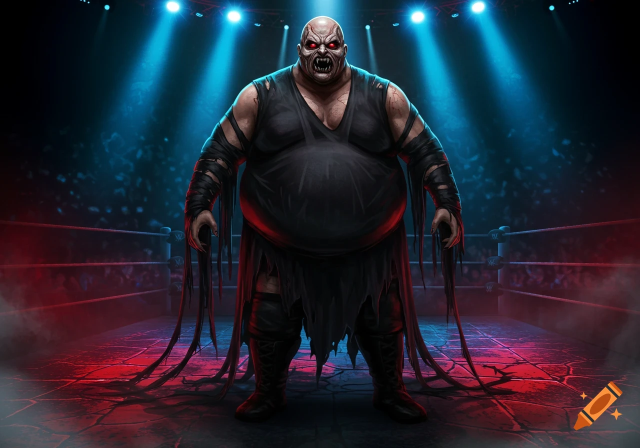 A terrifying, obese monster wrestler with glowing red eyes and tattered clothing stands in a dimly lit wrestling ring under spotlights.