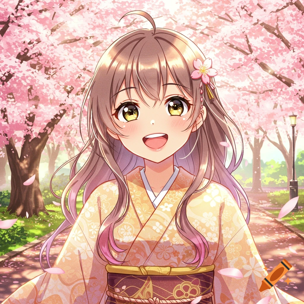Smiling anime girl in yellow kimono under blooming pink cherry blossom trees in a park.