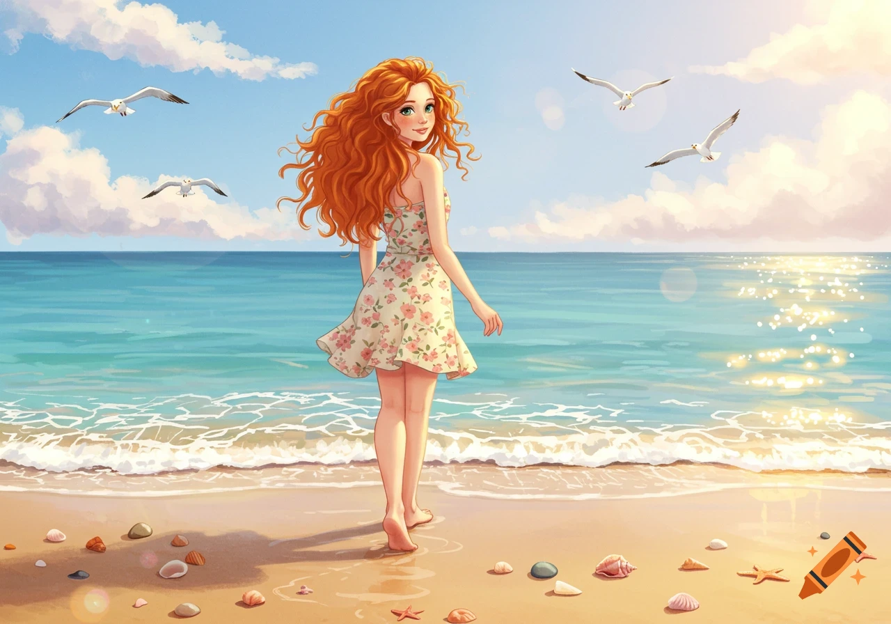 Anime-style illustration of a smiling redhead girl in a floral dress walking barefoot on a sunny beach with seagulls flying overhead.