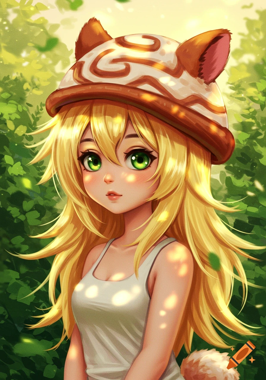 Anime portrait of a blonde girl with green eyes, wearing a white tank top and a hat with animal ears, with a bunny tail.