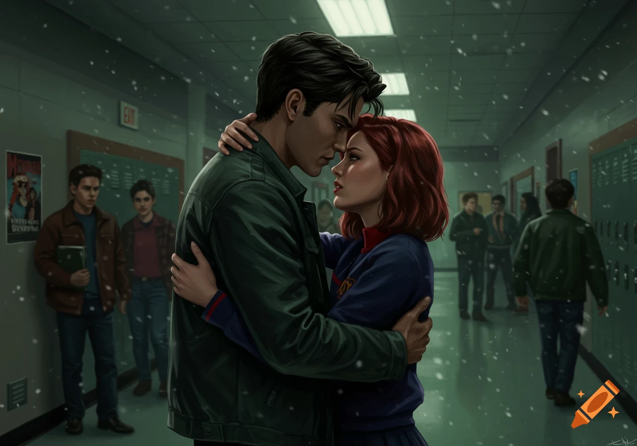 A dark-haired man and a red-haired woman embrace in a snowy school hallway, surrounded by other students.