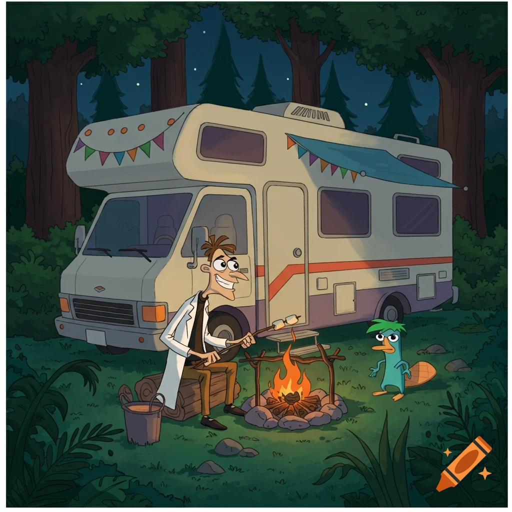 Cartoon of Dr. Doofenshmirtz roasting marshmallows by a campfire near an RV, with Perry the Platypus in a forest at night.