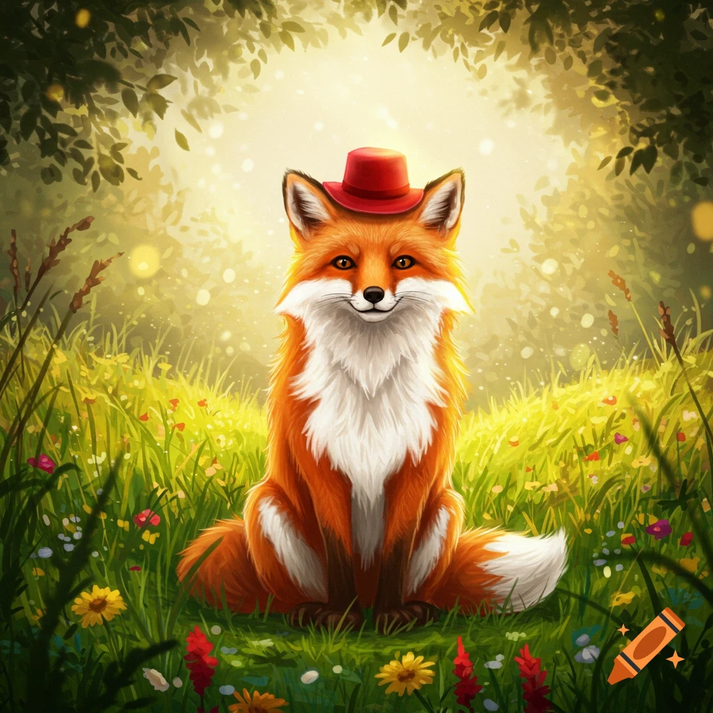 A cute fox wearing a red hat sits in a vibrant green meadow with colorful flowers under a sunlit forest canopy, in an illustration style.