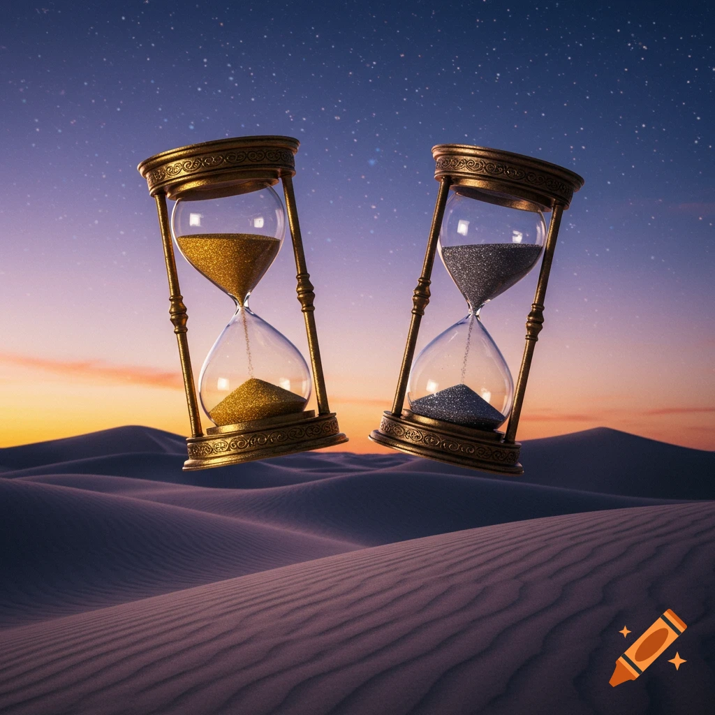 Two ornate hourglasses, one with gold and one with silver sand, float above a desert landscape under a starry twilight sky.