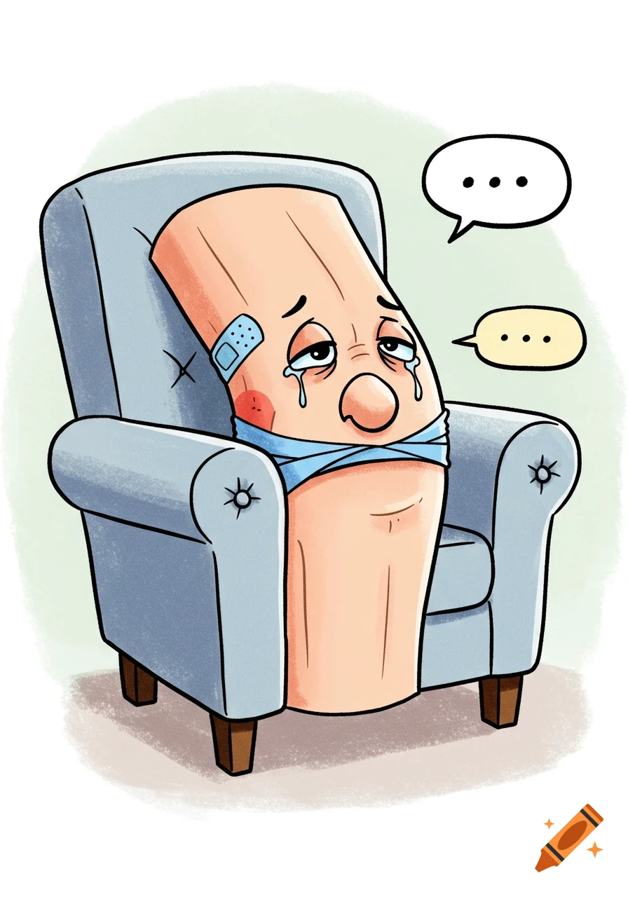 A sad, anthropomorphic cartoon knee with a bandage sits in a therapist's chair, with thought bubbles.